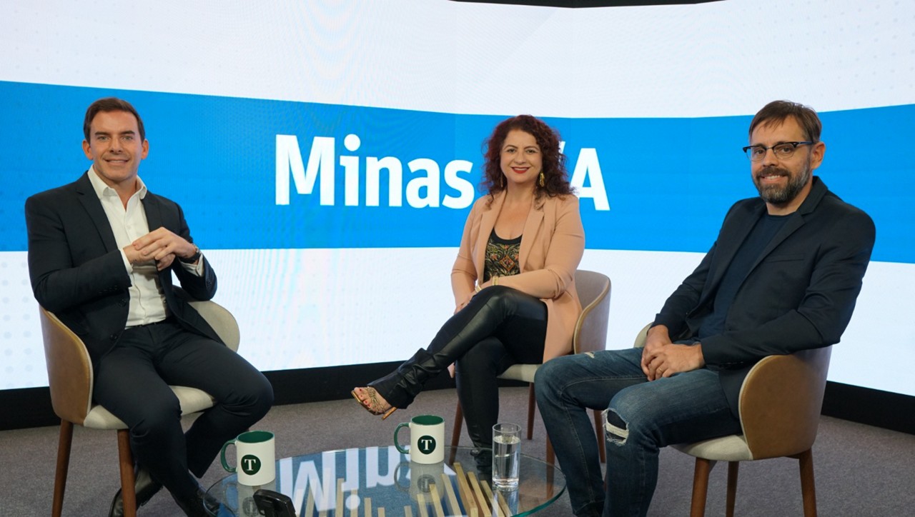 Fabio Rua, vice-presidente da General Motors na América do Sul; e os jornalistas Igor Veiga e Helenice Laguardia na gravação de mais um episódio da Temporada Minas S/A que será publicado neste sábado, dia 22 de março.