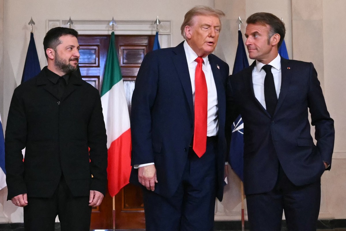 O presidente ucraniano Volodymyr Zelensky, o presidente dos EUA, Donald Trump, e o presidente francês, Emmanuel Macron