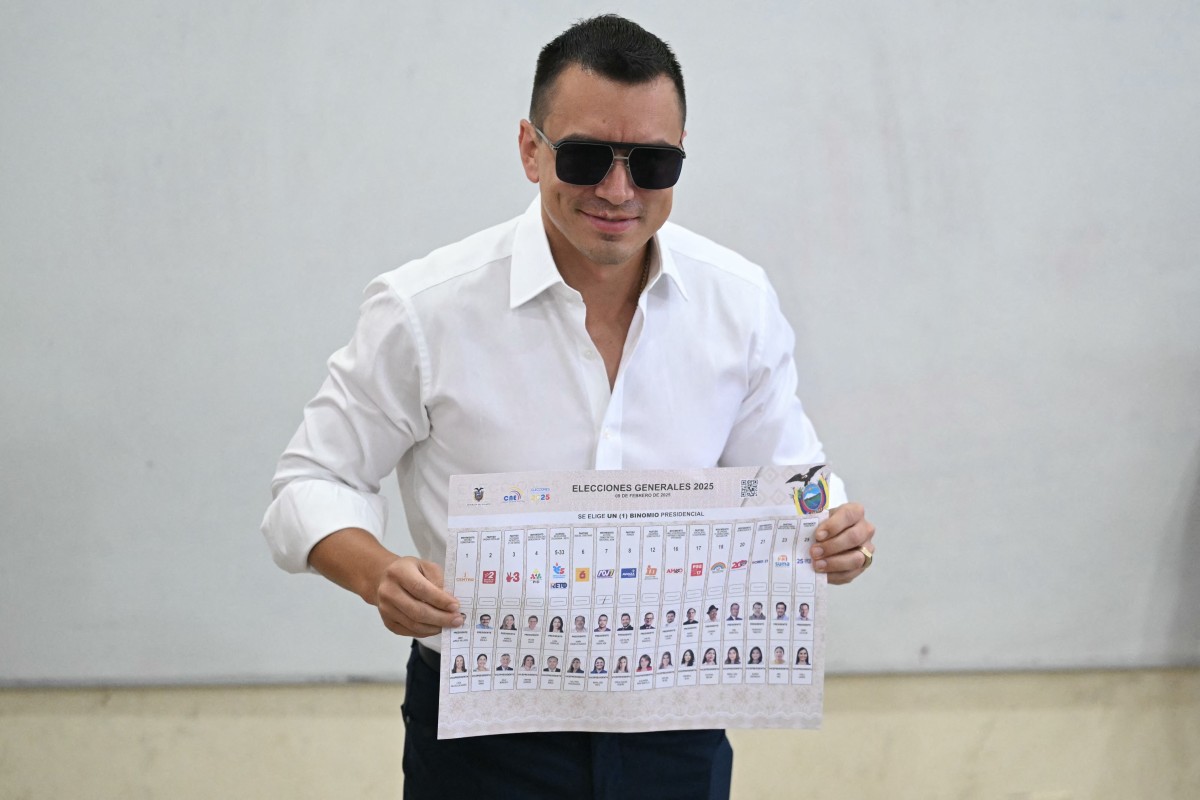 O presidente do Equador e candidato presidencial pelo partido Accion Democratica Nacional (Ação Democrática Nacional), Daniel Noboa