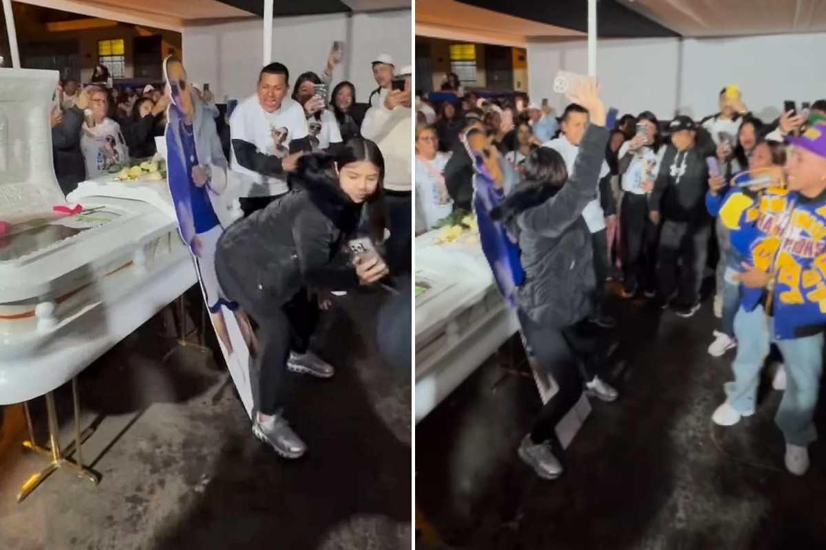 Imagens mostram viúva e convidados dançando durante funeral