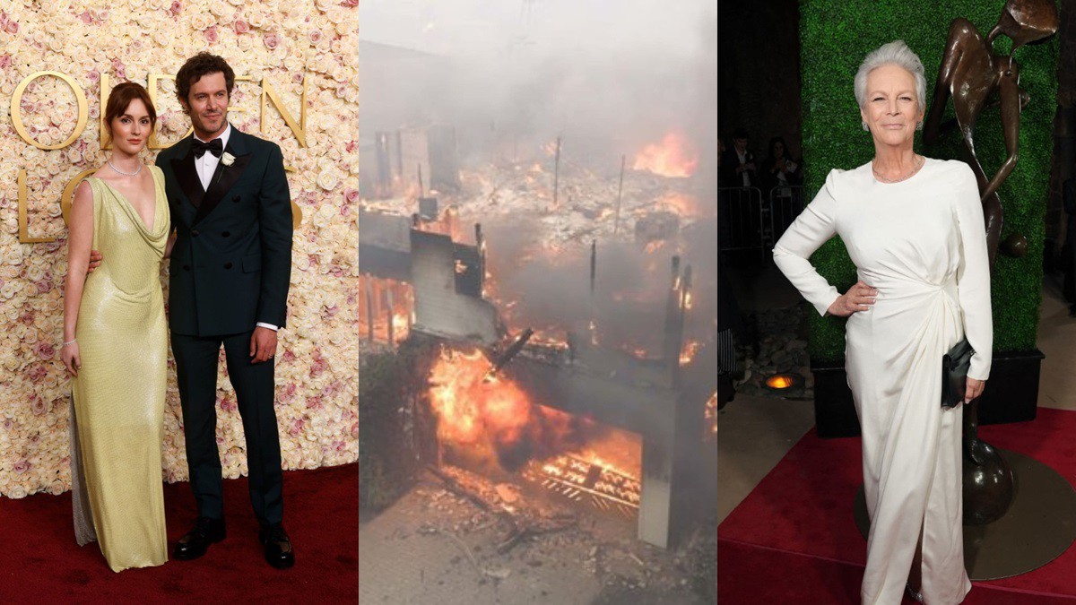O casal de atores Adam Brody e Leighton Meester (esquerda) tiveram sua mansão queimada (centro) e a atriz Jamie Lee Curtis (direita) se manifestou sobre os incêndios