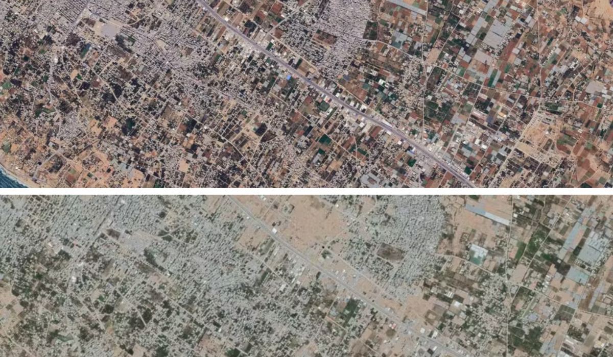 Imagens mostram a mesma região em Gaza em maio de 2022 (no topo) e em junho de 2024 (na parte de baixo)