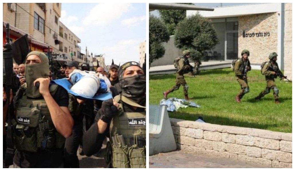 Na primeira foto, militantes palestinos carregam corpo de jovem, morto em confrontos com tropas israelenses. Na segunda, soldados israelenses protegem área em que há corpos de civis mortos