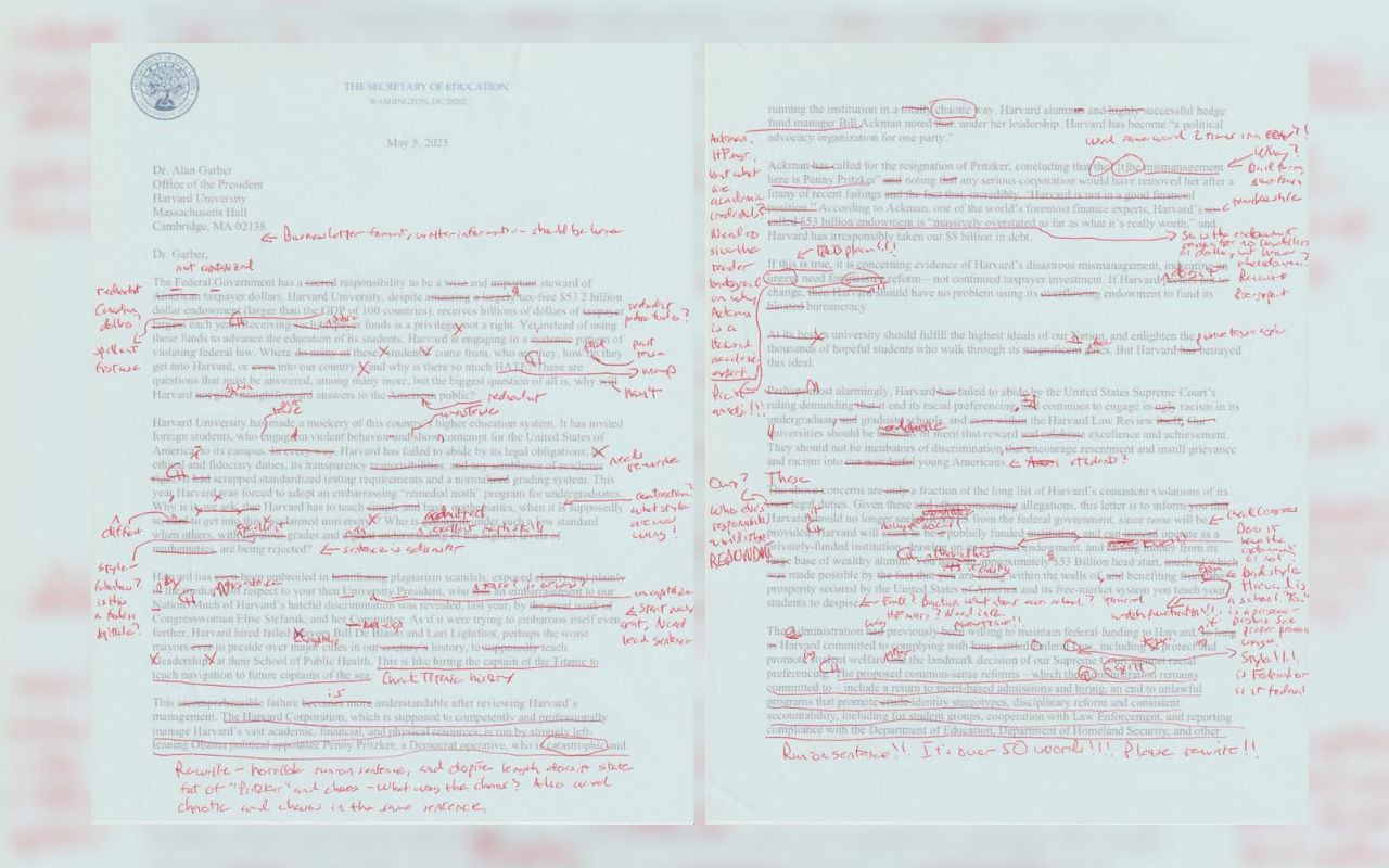 Carta da secretária de Educação dos EUA endereçada ao reitor de Harvard