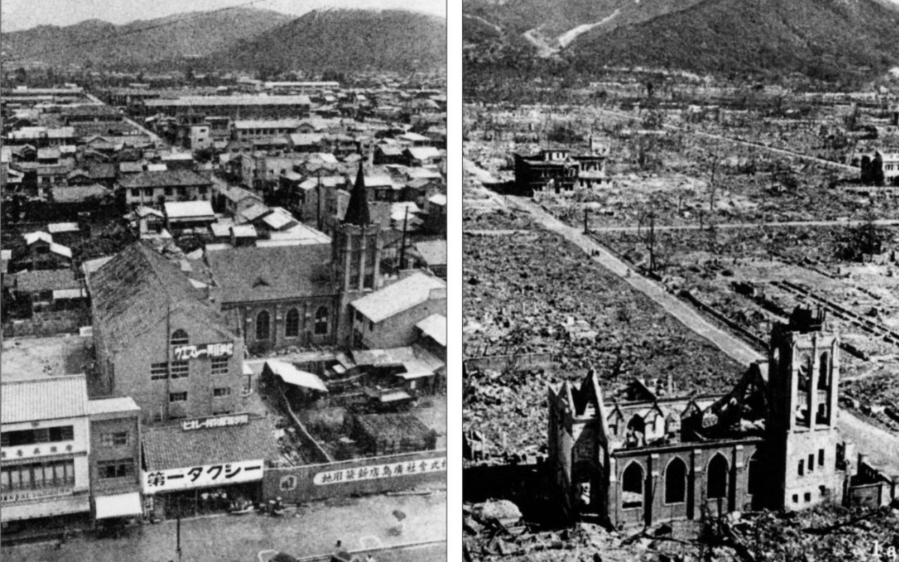 Hiroshima antes e depois da bomba em 1945