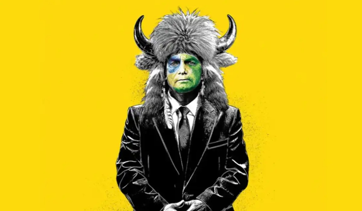 Bolsonaro é retratado com o rosto pintado e um chapéu viking de pele de animal