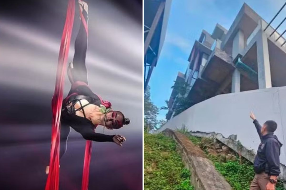 Acrobata de circo se desequilibrou e caiu de psicina de borda infinita