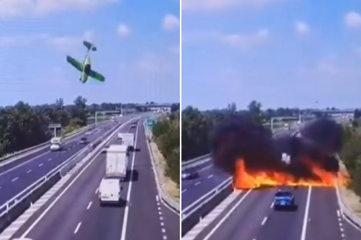 A queda foi registrada em vídeo, mostrando o momento exato em que a aeronave despencou em direção à rodovia antes de explodir ao atingir o asfalto