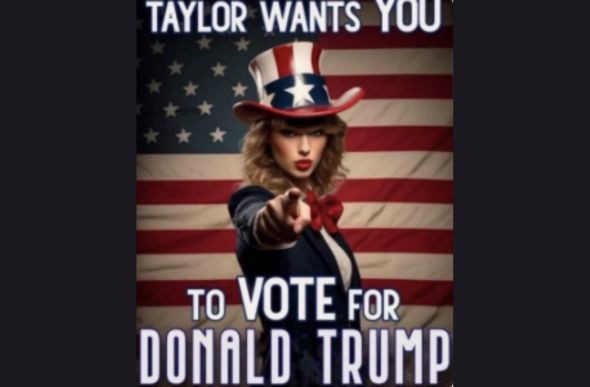 Republicano compartilha imagens feitas por IA. Nesta, cantora aparece com a legenda "Taylor quer que você vote em Trump"