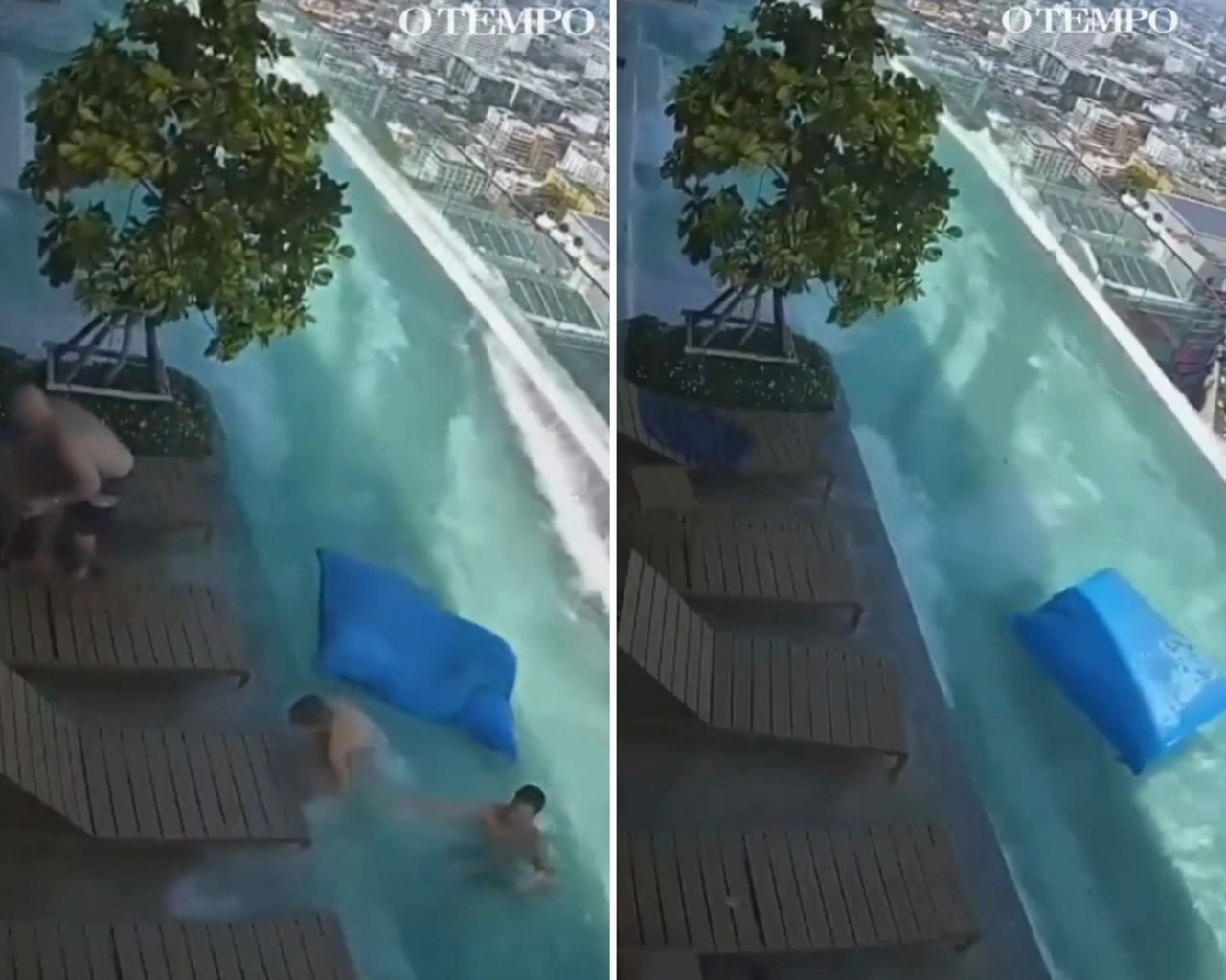 Piscina de luxo transborda em hotel de luxo durante terremoto
