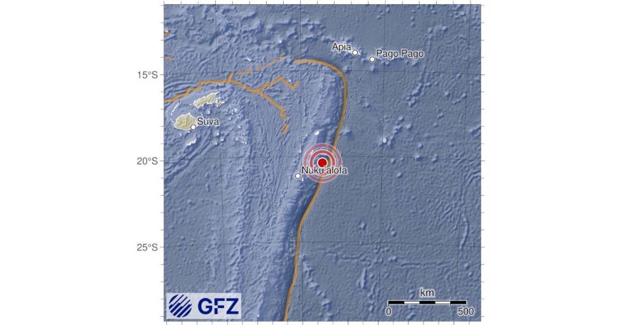 Imagem do tremor de terra registrado em Tonga, no Pacífico, registrada pelo Centro de Geociências Alemão (GFZ)