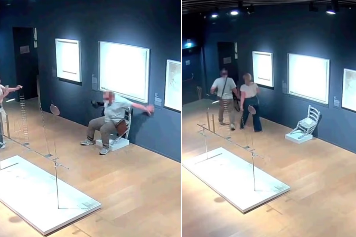 O homem, que estava acompanhado, saiu rapidamente do local após perceber o dano causado
