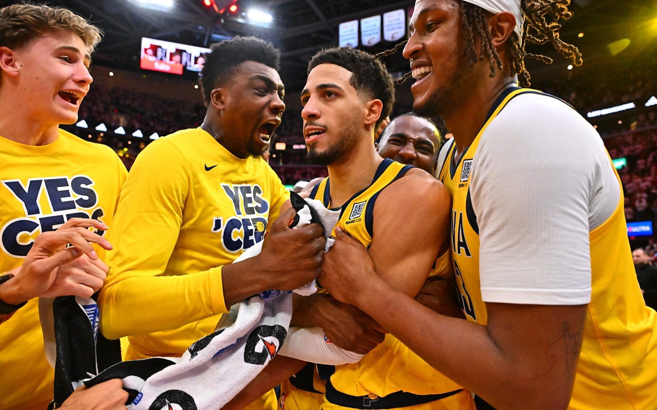 CLEVELAND, OHIO - MAY 06: Tyrese Haliburton #0 of the Indiana Pacers after the Pacers celebrates with teammates after defeating the Cleveland Cavaliers in game two of the Eastern Conference Semifinals at Rocket Arena on May 06, 2025, in Cleveland, Ohio. The Pacers defeated the Cavaliers 120-119. NOTE TO :  expressly acknowledges and agrees that, by ing and or using this photograph,  is consenting to the  and conditions of the Getty Images License Agreement. Jason Miller/Getty Images/AFP (Photo by Jason Miller / GETTY IMAGES NORTH AMERICA / Getty Images via AFP)