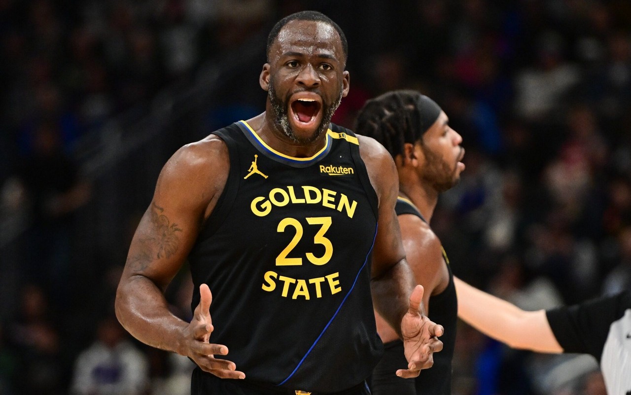 Feb 10, 2025; Milwaukee, Wisconsin, USA; Golden State Warriors forward Draymond Green (23) reacts after getting a technical foul against the Milwaukee Bucks in the third quarter at Fiserv Forum. Mandatory Credit: Benny Sieu-Imagn Images