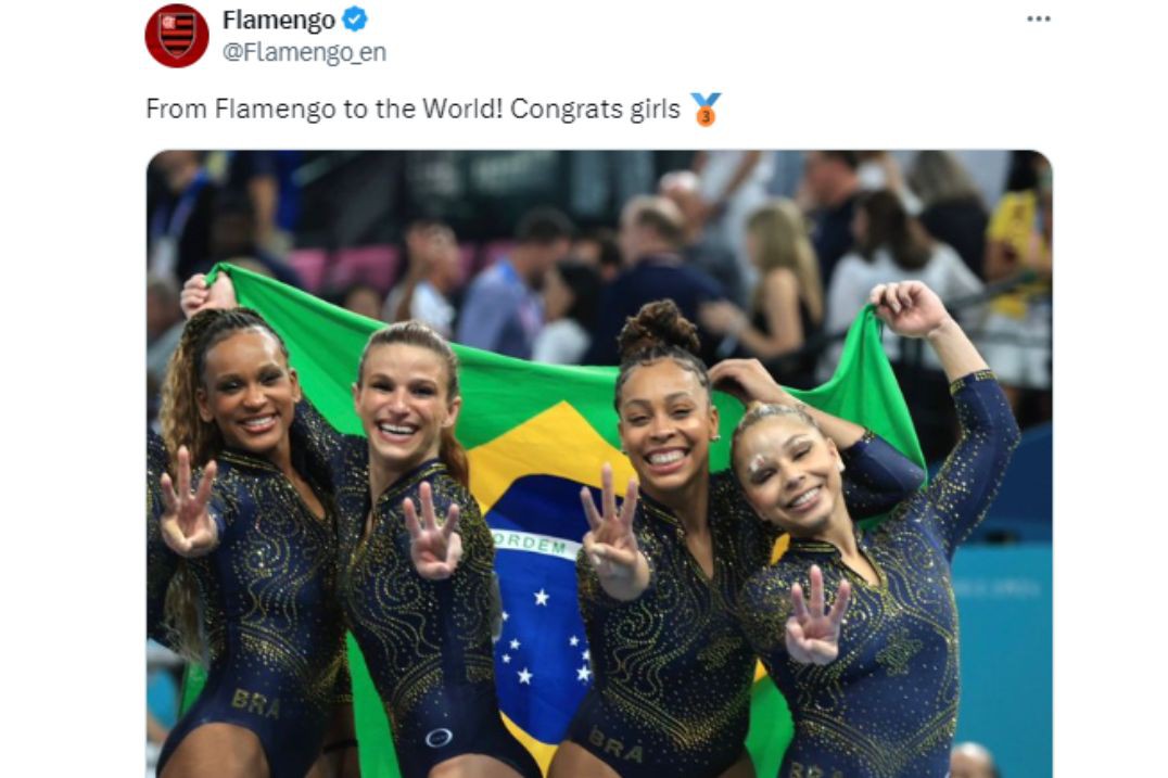 Flamengo cortou Júlia Soares de foto ao comemorar bronze da ginástica feminina em Paris