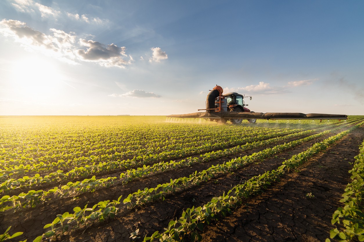Tractor spraying pesticides on soybean field  with sprayer at spring