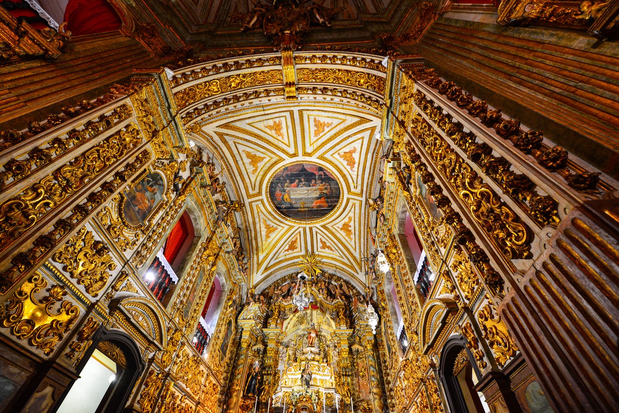 The lavish, baroque interior of the Basilica of Our Lady of the Pillar, or Igreja do Pilar, in the World Heritage-listed colonial town of Ouro Preto, Minas Gerais state, Brazil