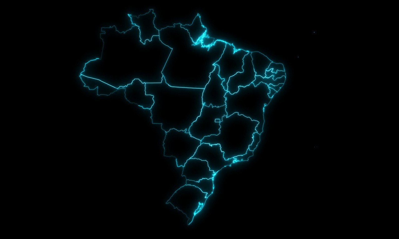 Abstract map outline of Brazil with States with Regions glowing outline in black background