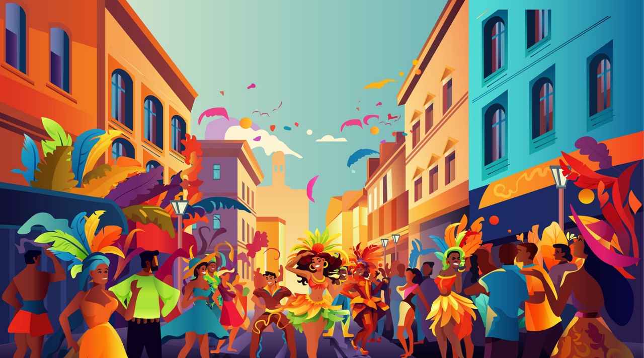 Brazilian samba dancers girls wearing festival costume and dancing on old city street carnival party concept horizontal vector illustration