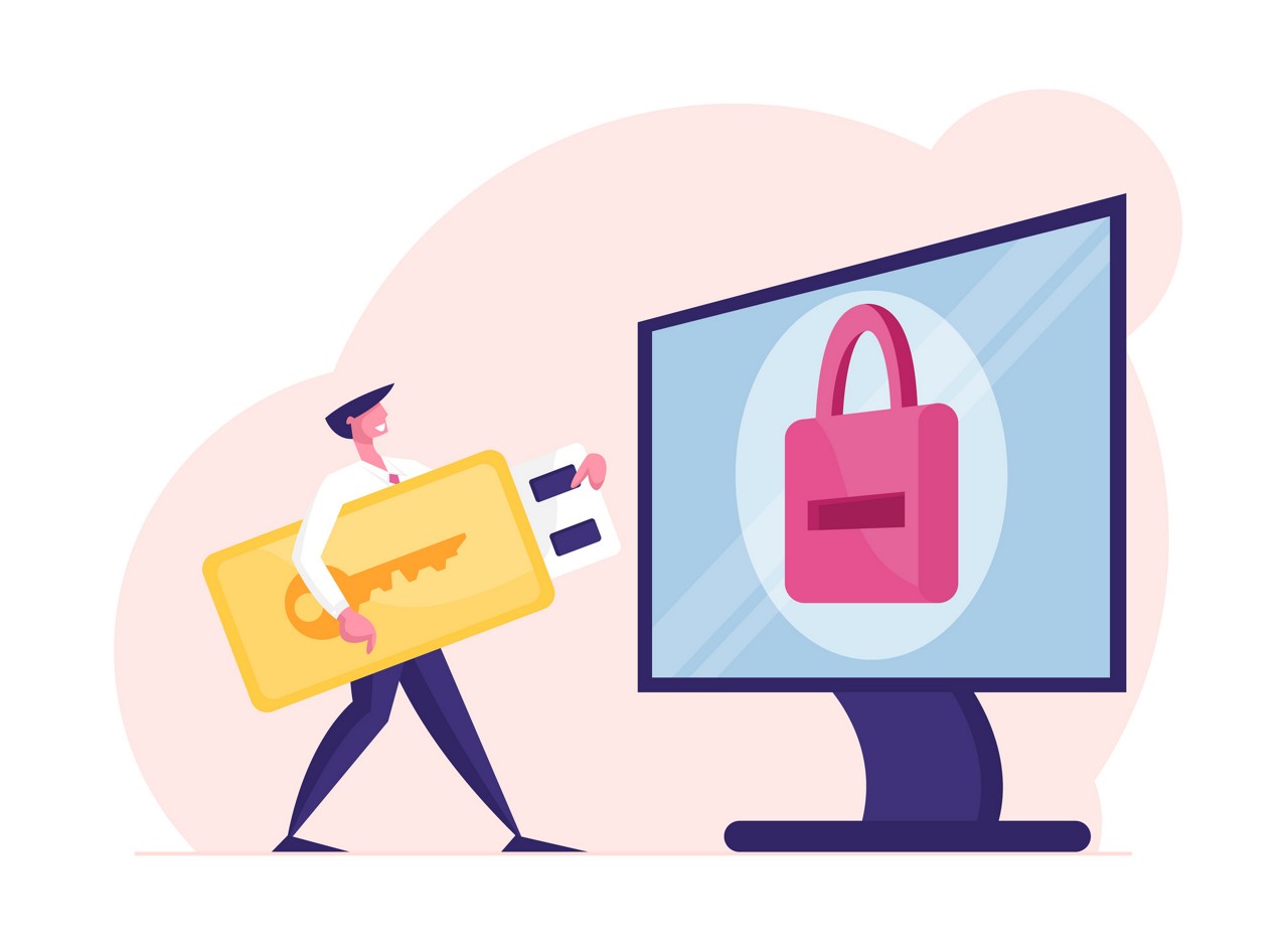 Business Man Character with Huge Electronic Key Stand at Computer Desktop with Padlock on Screen. Male Character User Enter Account Password, Two-factor Authentication. Cartoon Vector Illustration