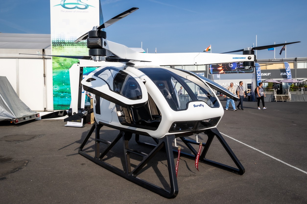 Workhorse SureFly two-seat hybrid  electric vertical take-off and landing (eVTOL) aircraft on display. Le Bourget,  - June 22, 2017