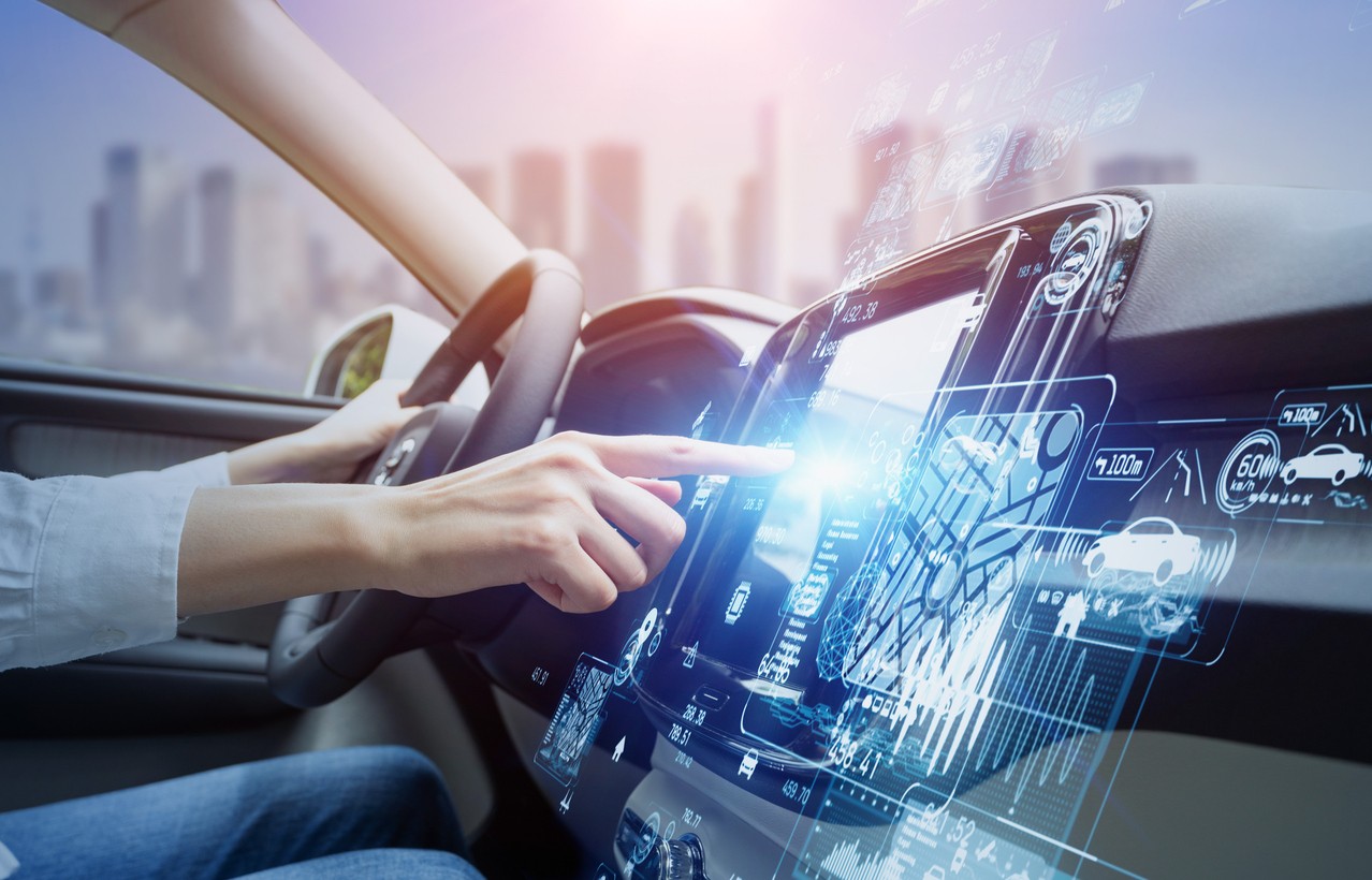 futuristic vehicle and graphical  interface(GUI). intelligent car. connected car. Internet of Things. Heads up display(HUD).