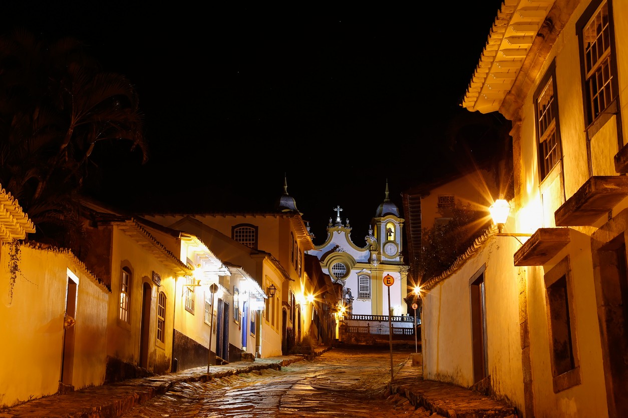 Tiradentes, Minas Gerais, Brazil - July 14, 2021: night scene of houses and characteristic architecture of the historic city Tiradentes, interior of Minas Gerais.