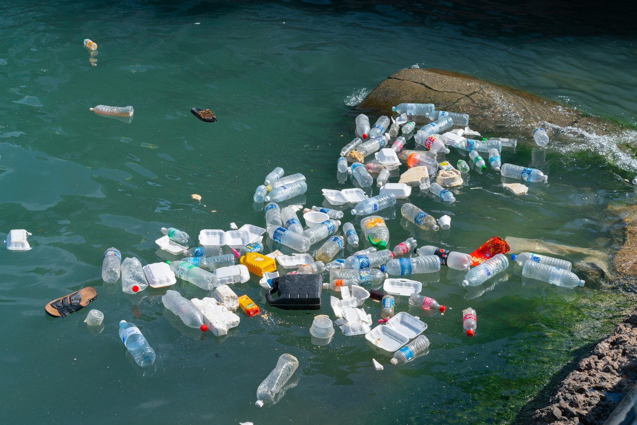 Sea pollution, plastic trash disposed of in harbor at Kota Kinabalu Waste in form of plastics