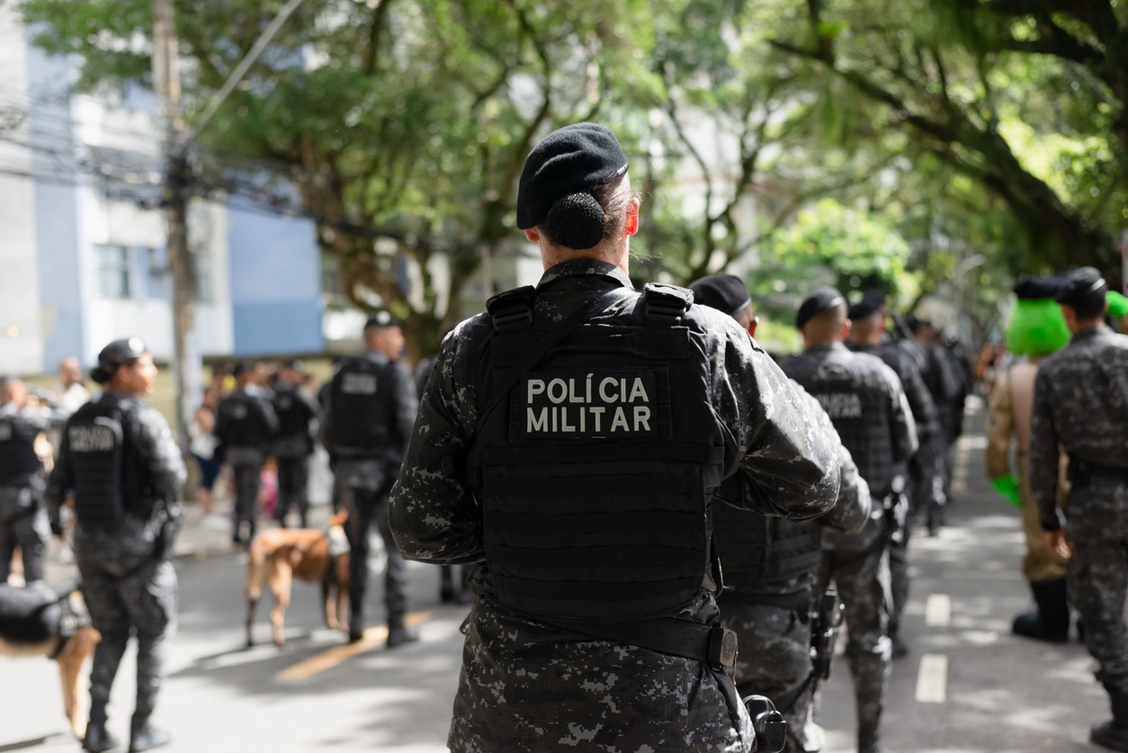 Salvador, Bahia, Brazil - September 07, 2023: Military police soldiers are seen during the Brazilian Independence Day parade in the city of Salvador, Bahia.
