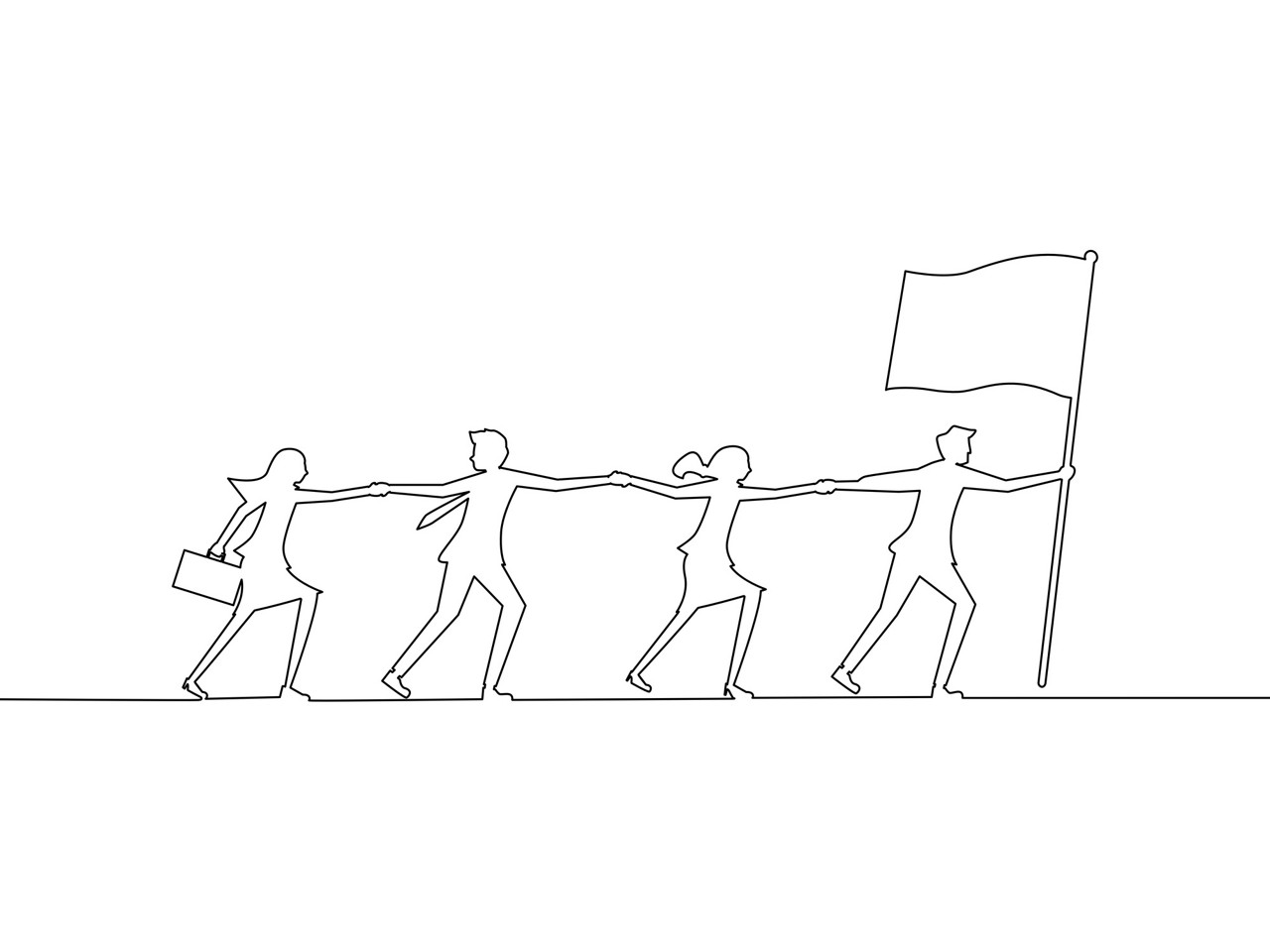 Employees work as a team. Leaders fight success. Draw a continuous line of business ideas. vector illustration