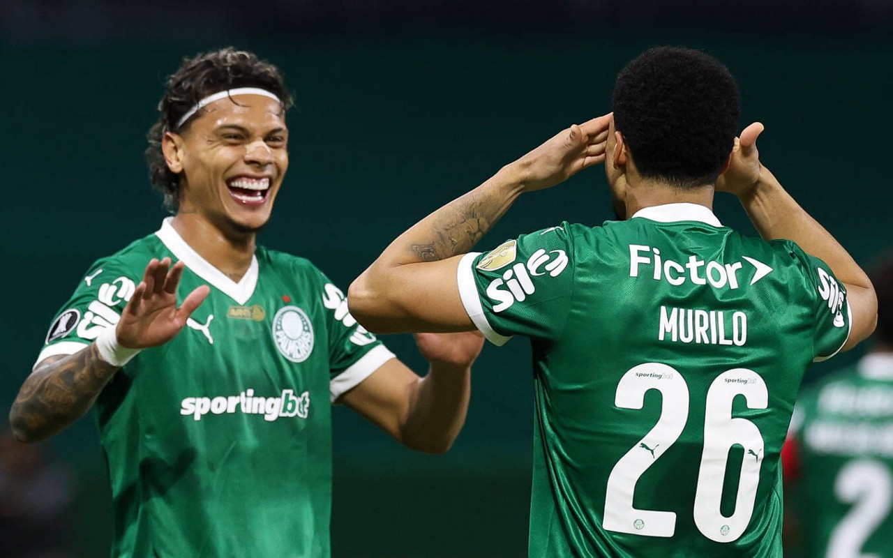 O jogador Murilo, da SE Palmeiras, comemora seu gol contra a equipe do C Bolívar, durante partida válida pela fase de grupos, da Copa Libertadores, na arena Allianz Parque. (Foto: Cesar Greco/Palmeiras/by Canon)