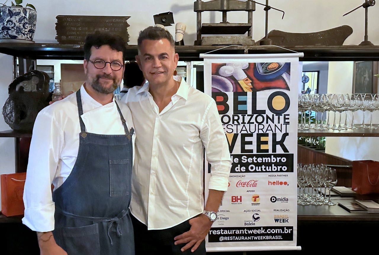 No lançamento da Restaurante Week, o chef Américo Piacenza e o idealizador do festival, Fernando Reis