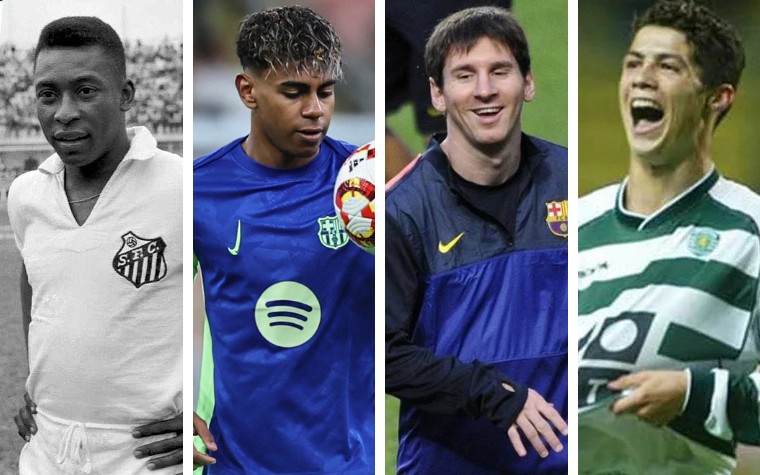 Compare os números de Lamine Yamal, Messi, Cristiano Ronaldo e Pelé aos 17 anos (Foto: Montagem/Lance!)