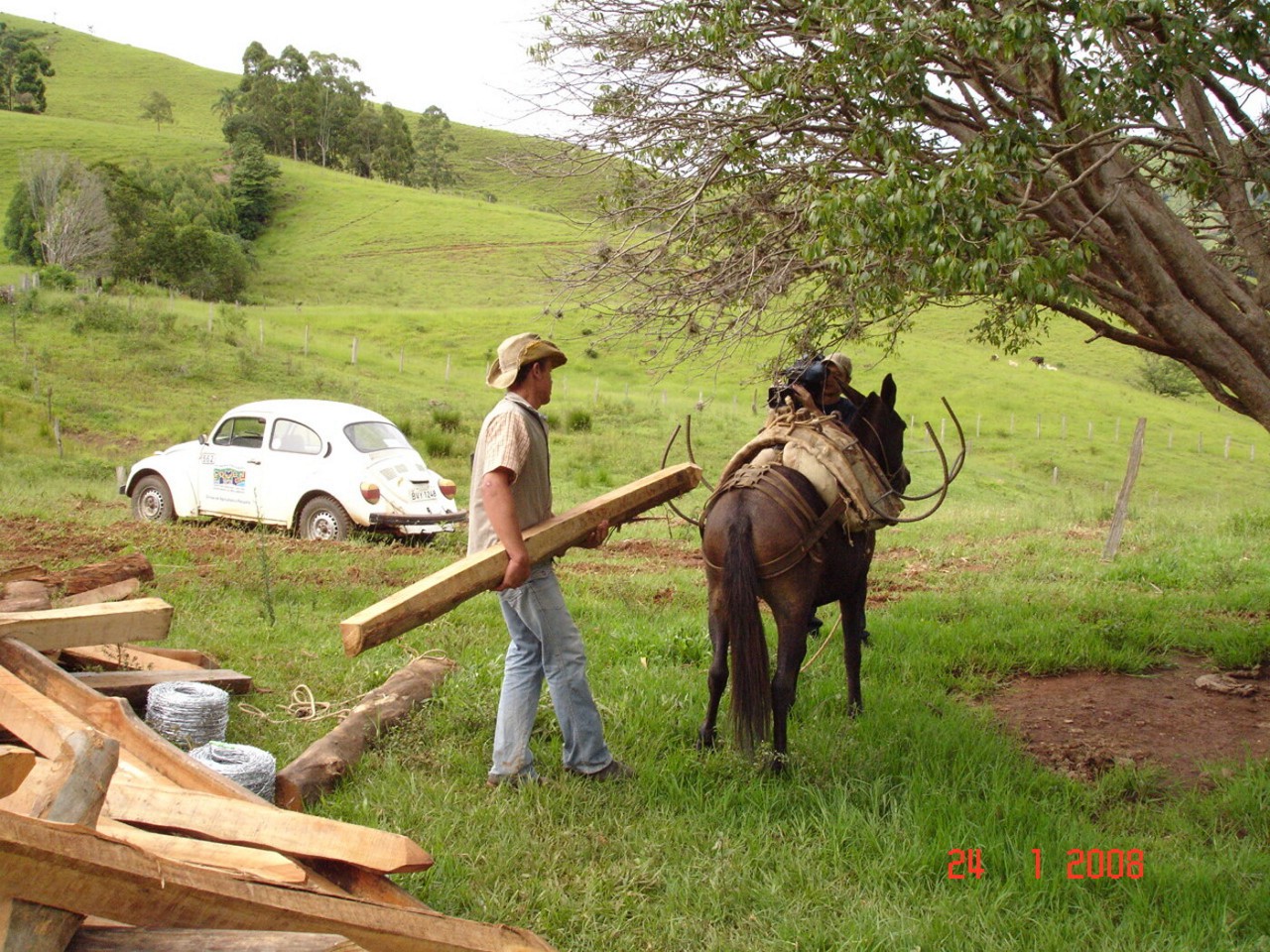 O material para cercar a primeira nascente subiu montanha no lombo de uma mula
