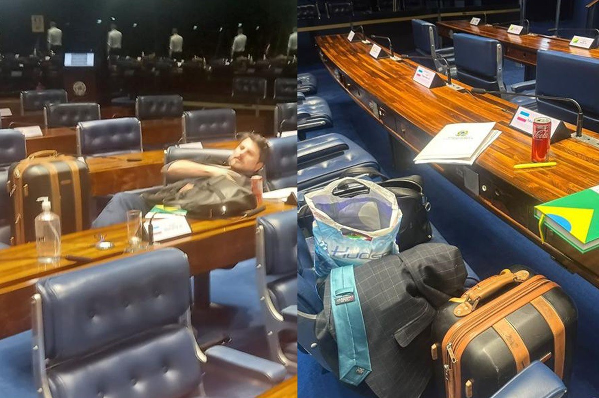 Marcos do Val 'se instalou' no plenário na noite de terça-feira (3) com uma mala, uma pasta e uma sacola plástica com seus itens pessoais