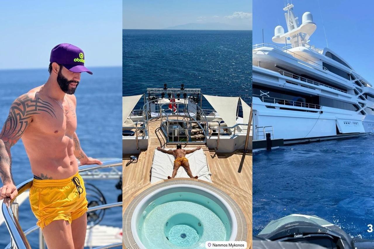 Gusttavo Lima e a esposa, a modelo Andressa Suita, publicaram em suas contas nas redes sociais fotos em um iate em Mykonos, na Grécia, onde recebem convidados