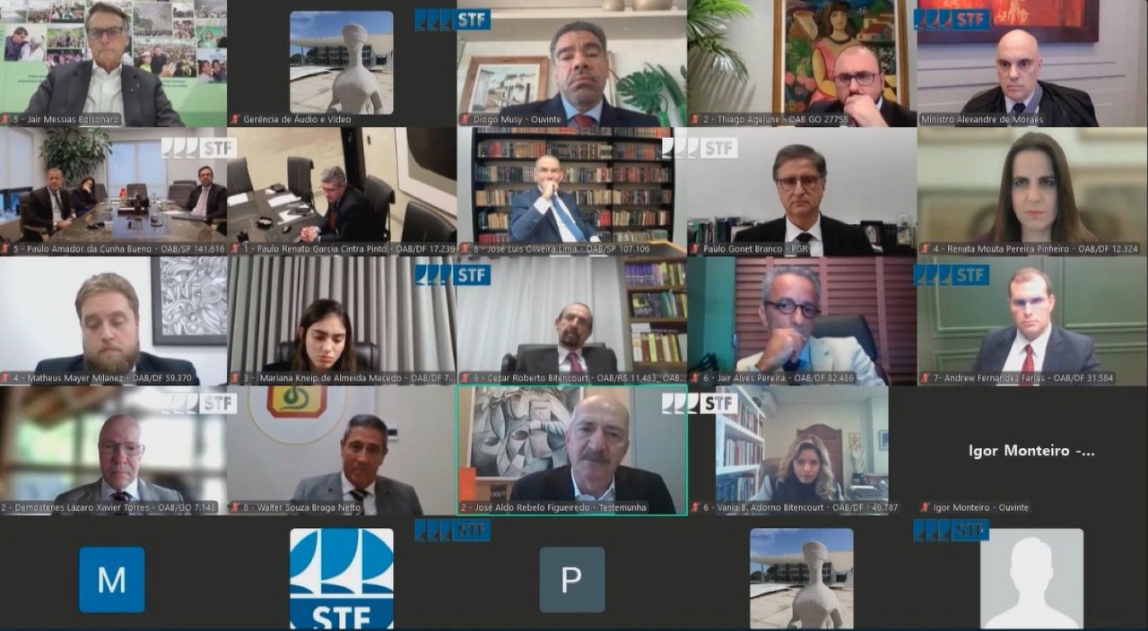 Momento tenso durante audiência no STF: Alexandre de Moraes interrompe Aldo Rebelo (em destaque) e ameaça prisão por desacato após discordância sobre interpretação de fala golpista
