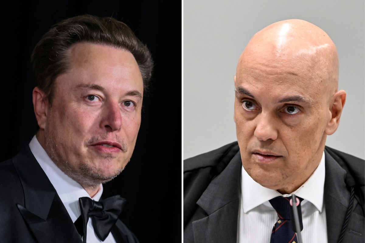 O bilionário Elon Musk, dono da rede social X, e o ministro Alexandre de Moraes, ministro do STF