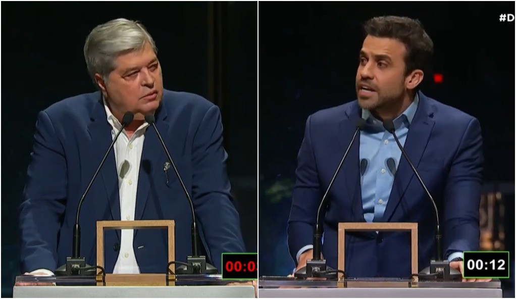Os candidatos à Prefeitura de São Paulo, José Luiz Datena (PSDB) e Pablo Marçal (PRTB) em debate da TV Cultura. 