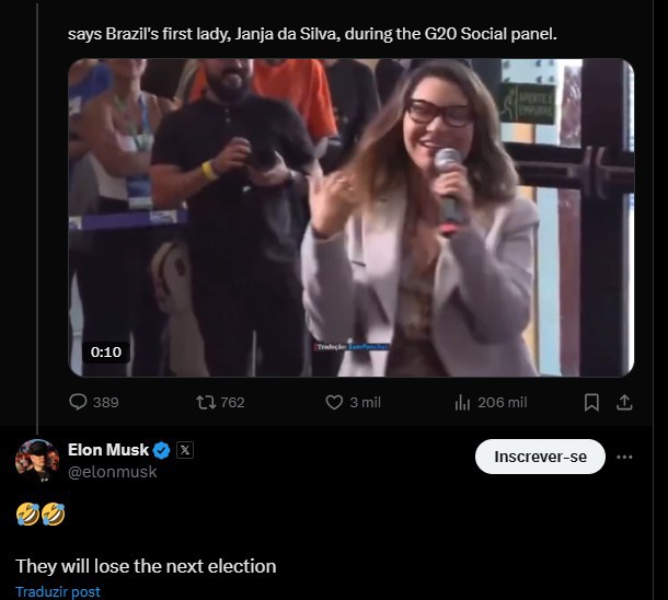 Comentário de Elon Musk a ofensa de Janja durante evento do G20 Social