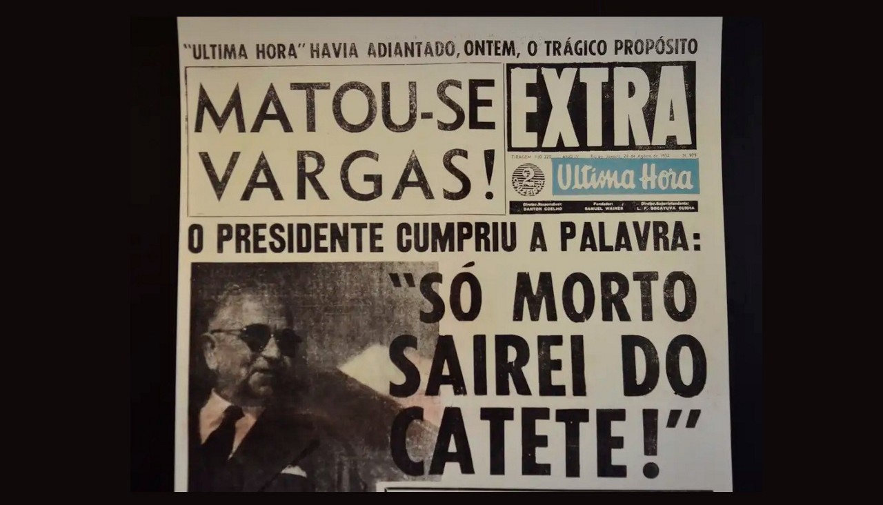 Jornal Última hora noticia a morte de Getúlio Vargas, que tirou a própria vida com um tiro no peito, em seu quarto, no Palácio do Catete