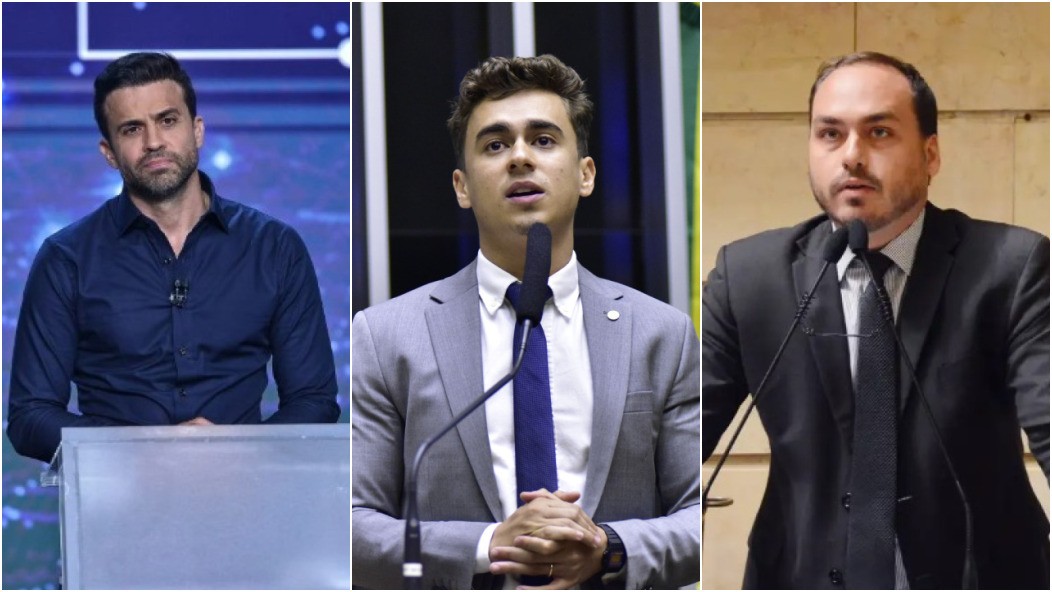Pablo Marçal (à esquerda) e Carlos Bolsonaro (à direita) acertaram suas diferenças. Nikolas Ferreira (centro) foi o mediador do acordo.