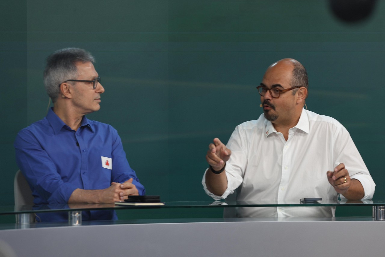 Governador Romeu Zema e vice Mateus Simões nos estúdios de O Tempo