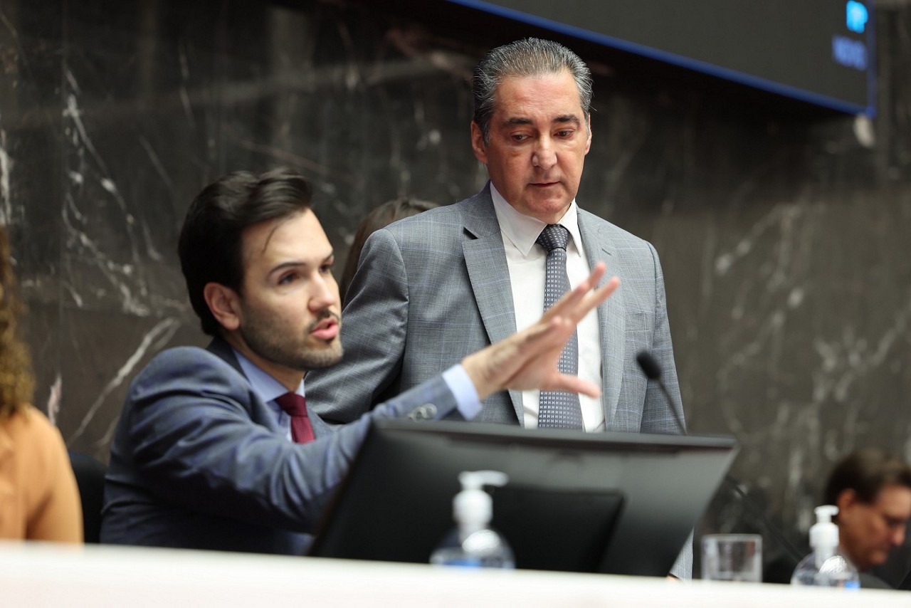 O presidente da ALMG, Tadeu Leite (MDB), e o líder do governo Romeu Zema (Novo), João Magalhães (MDB), durante a reunião em plenário desta quarta (2 de julho)