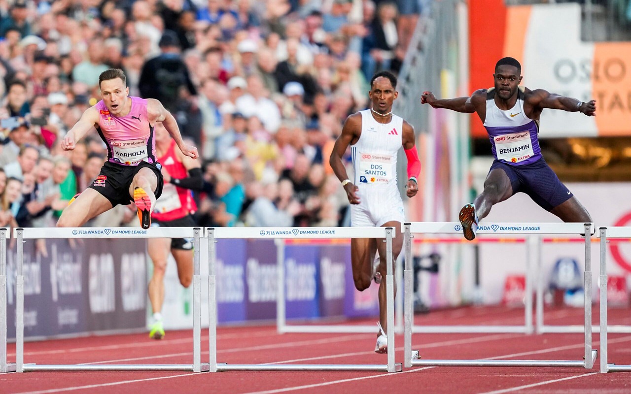 Karsten Warholm, Alison Piu dos Santos e Rai Benjamin na Diamond League Oslo. (foto: Fredrik Varfjell / NTB / AFP) / Norway OUT