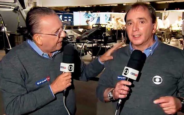 Galvão Bueno e Reginaldo Leme em transmissão da Fórmula 1 na Globo (Foto: Reprodução/Instagram @regileme)