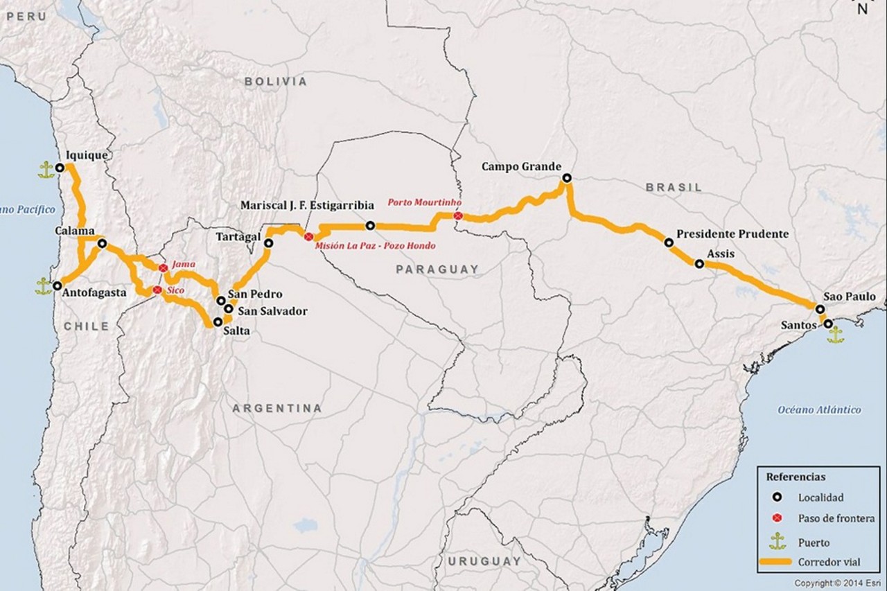 Mapa mostra o traçado do corredor bioceânico