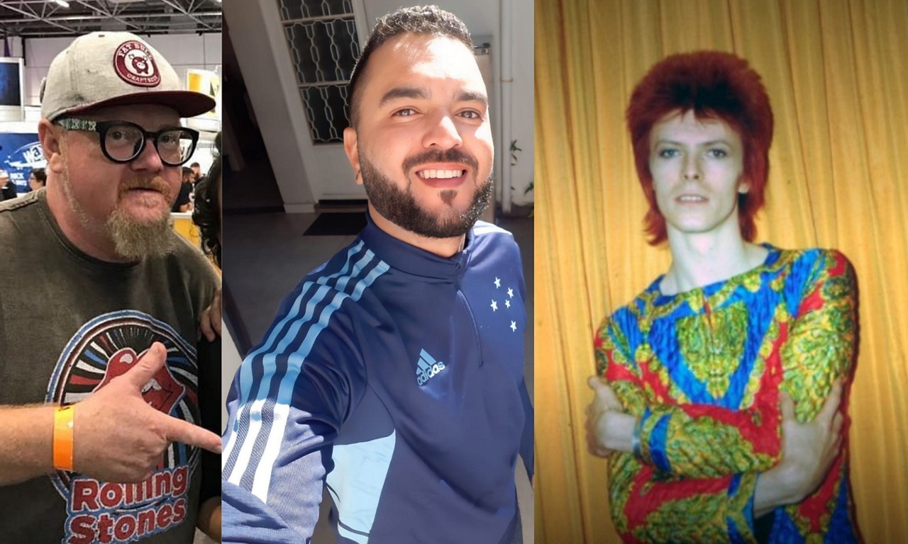 O baterista do Nenhum de Nós, Sady Homrich (E), Tiago Ferreira, torcedor do Cruzeiro, e David Bowie