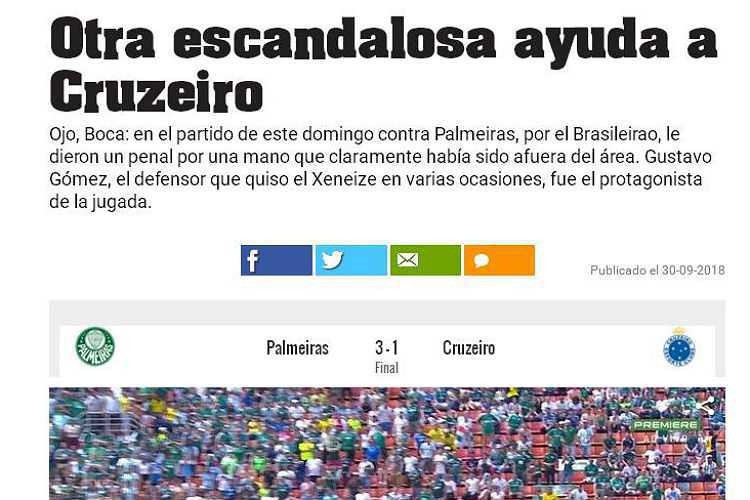 Chamada do site afirma que time celeste voltou a ser beneficiado