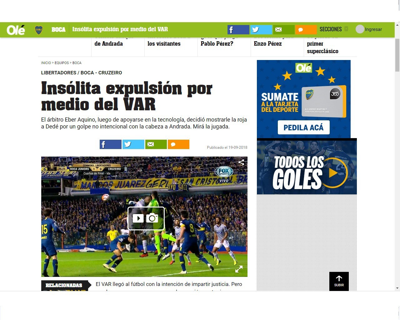 Jornal Olé critica expulsão de Dedé por VAR e considera lance 'fortuito'